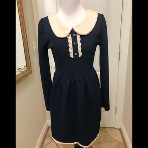 Small petite long sleeves Navy blue&cream dress